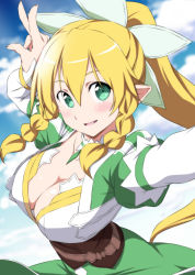 Rule 34 | 1girl, belt, blonde hair, blue sky, blush, bow, braid, breasts, choker, cleavage, cloud, collarbone, commentary request, day, dress, green dress, green eyes, hair between eyes, hair bow, hand up, highres, juliet sleeves, large breasts, leafa, long sleeves, looking at viewer, nori tamago, parted lips, pointy ears, ponytail, puffy sleeves, reaching, reaching towards viewer, side braid, sky, smile, solo, sword art online, twin braids, upper body, v, white bow, white choker