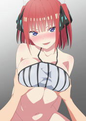Rule 34 | 1girl, absurdres, arms behind back, bare shoulders, bikini, blue eyes, blush, breasts, butterfly hair ornament, collarbone, cowgirl position, girl on top, go-toubun no hanayome, gradient background, grey background, grey bikini, hair ornament, halterneck, highres, looking at viewer, medium breasts, medium hair, nakano nino, navel, open mouth, pov, pov hands, red hair, shou937, solo focus, straddling, striped bikini, striped clothes, swimsuit, two side up, v-shaped eyebrows, vertical-striped bikini, vertical-striped clothes