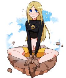 Rule 34 | 1girl, belt, black shirt, blonde hair, blue background, blue eyes, breasts, brown footwear, brown gloves, dc comics, flying sweatdrops, gloves, highres, huyandere, long hair, medium breasts, midriff, navel, parted bangs, shirt, shorts, sitting, smile, solo, star (symbol), stomach, teen titans, terra (dc), white background, yellow shorts