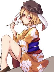 Rule 34 | 1girl, alternate costume, animal ears, blonde hair, brown hat, cabbie hat, closed mouth, eating, floppy ears, food, hat, highres, holding, holding food, japanese clothes, kimono, knees up, looking at viewer, orange kimono, orchid (orukido), rabbit ears, red eyes, ringo (touhou), sandals, sash, short hair, simple background, smile, solo, touhou, white background