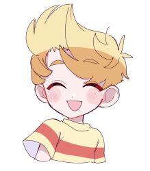 Rule 34 | 1boy, blonde hair, blush, blush stickers, child, closed eyes, cyappy1022, happy, lucas (mother 3), male focus, mother (game), mother 3, nintendo, open mouth, shirt, short hair, simple background, smile, solo, striped clothes, striped shirt, upper body, white background