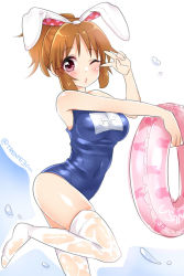 Rule 34 | 10s, 1girl, ;3, abe nana, animal ears, bad id, bad pixiv id, blush, breasts, brown hair, covered navel, fake animal ears, idolmaster, idolmaster cinderella girls, looking at viewer, one-piece swimsuit, one eye closed, pink eyes, ponytail, rabbit ears, school swimsuit, short hair, smile, solo, swimsuit, thighhighs, trente, twitter username, v, wet, wet clothes, white thighhighs