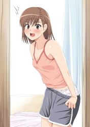 Rule 34 | 1girl, 2023, 20s, ^^^, bare shoulders, bed, bedroom, blush, bob cut, breasts, brown eyes, brown hair, camisole, cleavage, clothes pull, collarbone, commentary, cowboy shot, curtains, dolphin shorts, doorway, embarrassed, from side, grey shorts, hair between eyes, highres, hiyama izumi (wttdh), indoors, leaning forward, looking at viewer, looking to the side, matching hair/eyes, midriff peek, misaka mikoto, open mouth, panties, pink camisole, print panties, pulling own clothes, short hair, short shorts, shorts, shorts pull, small breasts, solo, standing, surprised, sweatdrop, teeth, thighs, toaru kagaku no railgun, toaru majutsu no index, underwear, undressing, upper teeth only, walk-in, white panties, wide-eyed