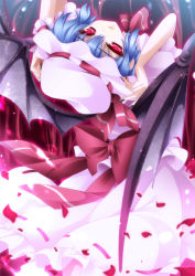 Rule 34 | 1girl, ascot, bat wings, blue hair, female focus, hat, highres, monety, open mouth, petals, red eyes, remilia scarlet, short hair, skirt, skirt set, smile, solo, touhou, wings