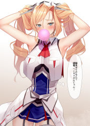 Rule 34 | 1girl, armpits, arms up, bad id, bad pixiv id, blonde hair, blue eyes, blush, breast pocket, breasts, blowing bubbles, chewing gum, drill hair, garter straps, gradient background, hair between eyes, hands in hair, headgear, highres, honolulu (kancolle), kantai collection, large breasts, long hair, pallad, pocket, red neckwear, simple background, sleeveless, solo, thought bubble, translated, twin drills