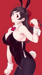 Rule 34 | 1girl, absurdres, alternate costume, animal ears, bad id, bad twitter id, black hair, black leotard, black pantyhose, bow, bowtie, breasts, cowboy shot, detached collar, fake animal ears, hair ribbon, highres, kantai collection, large breasts, leotard, long hair, looking at viewer, mamiya (kancolle), ojipon, pantyhose, playboy bunny, rabbit ears, rabbit tail, red background, red bow, red bowtie, red eyes, ribbon, simple background, solo, standing, strapless, strapless leotard, tail, wrist cuffs