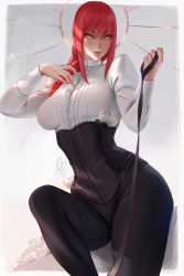 Rule 34 | 1girl, braid, braided ponytail, breasts, chainsaw man, corset, femdom, flower, leash, long hair, long sleeves, looking at viewer, makima (chainsaw man), medium breasts, olchas, pov, puffy long sleeves, puffy sleeves, red hair, shirt, simple background, solo, viewer on leash, white shirt, yellow eyes