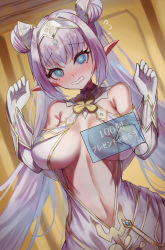 Rule 34 | 1girl, @ @, arm guards, bare shoulders, blue eyes, blush, breasts, britomart (fate), britomart (second ascension) (fate), capelet, center opening, cleavage, dagger, disembodied hand, double bun, dress, elbow gloves, fate/grand order, fate (series), flying sweatdrops, gameplay mechanics, gloves, gold trim, grey hair, hair bun, hairband, highres, knife, large breasts, long hair, looking at viewer, m0 chi, navel, open mouth, pants, pointy ears, poking, solo focus, tight clothes, tight pants, translation request, twintails, very long hair, wavy mouth, weapon, white capelet, white dress, white gloves, white pants