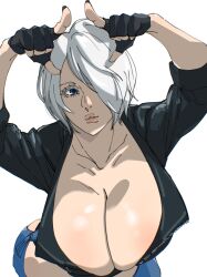 Rule 34 | 1girl, angel (kof), breasts, cleavage, hanging breasts, highres, huge breasts, mattsun (lyohei), solo, the king of fighters, white hair