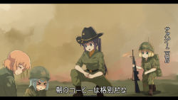 Rule 34 | &gt; &lt;, 4girls, apocalypse now, assault rifle, black footwear, black headwear, blonde hair, blue eyes, boots, breasts, camouflage, closed eyes, closed mouth, cowboy hat, fuka (kantoku), full body, gochuumon wa usagi desu ka?, green pants, green shirt, gun, hair ornament, hat, holding, holding gun, holding weapon, hoto cocoa, kafuu chino, kirima syaro, large breasts, letterboxed, looking at another, m16, m16a1, military, military hat, military uniform, multiple girls, on one knee, open mouth, pants, parody, ponytail, purple eyes, purple hair, rifle, shirt, short hair, smile, squatting, subtitled, tedeza rize, translation request, uniform, upper body, weapon, x hair ornament