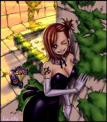 Rule 34 | 1girl, bare shoulders, birds, breasts, brown eyes, brown hair, casual suit, cleavage, dress, earrings, elie, flower, gloves, griffon kato, grin, jewelry, looking at viewer, necklace, one eye closed, purple dress, rave, smile, tattoo, thighs, tongue, wink
