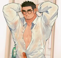 Rule 34 | 1boy, abs, armpits, arms behind head, bara, black-framed eyewear, black hair, blush, chest hair, collared shirt, covered erect nipples, cropped, cum, earrings, facial hair, glasses, goatee, highres, indoors, jewelry, large pectorals, long sideburns, looking to the side, male focus, mature male, muscular, muscular male, nipples, original, paid reward available, pectorals, projectile cum, seductive smile, see-through, shan (shanshankuo), shirt, short hair, sideburns, smile, solo, stomach, sweat, thick eyebrows, tsi-ho (shan), wet, wet clothes, wet shirt