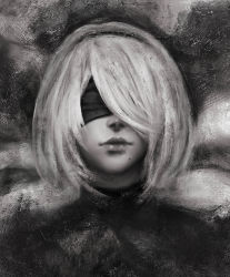 Rule 34 | 1girl, 2b (nier:automata), absurdres, blindfold, closed mouth, greyscale, hairband, highres, mole, mole under mouth, monochrome, nier:automata, nier (series), painterly, portrait, short hair, solo, sorapoi, turtleneck, upper body