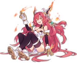 Rule 34 | 1girl, :d, ;d, ark order, artist request, bare shoulders, black thighhighs, boots, breasts, detached sleeves, dress, fire, gauntlets, gloves, horns, knees up, large breasts, long hair, looking at viewer, official art, one eye closed, open mouth, orange eyes, qilin (ark order), red hair, side slit, sitting, smile, solo, tachi-e, thighhighs, transparent background, very long hair, w, white dress, white footwear, white gloves