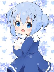 Rule 34 | 1girl, :d, aged down, angora rabbit, animal, animal hug, blue dress, blue eyes, blue hair, blush, commentary request, dress, floral background, gochuumon wa usagi desu ka?, hair between eyes, hair ornament, kafuu chino, long sleeves, looking at viewer, looking to the side, mitya, open mouth, rabbit, sailor collar, sailor dress, short twintails, simple background, smile, tippy (gochiusa), twintails, twitter username, white background, white sailor collar, x hair ornament