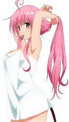 Rule 34 | 1girl, absurdres, ahoge, armpits, arms behind head, arms up, blush, breasts, cleavage, demon tail, extraction, female focus, green eyes, highres, lala satalin deviluke, large breasts, long hair, looking at viewer, naked towel, pink hair, smile, solo, source request, standing, tail, to love-ru, towel