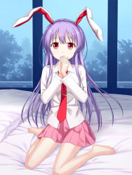 Rule 34 | 1girl, animal ears, barefoot, covering own mouth, highres, indoors, long hair, long sleeves, looking at viewer, necktie, on bed, pillow, pink eyes, purple hair, rabbit ears, red necktie, reisen udongein inaba, shirt, sitting, skirt, solo, touhou, tucana, very long hair, wariza, window