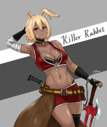 Rule 34 | 1girl, animal ears, arm behind back, arm up, artist name, bandaged arm, bandages, bandeau, bare shoulders, belt, belt pouch, black bandeau, black choker, black gloves, black panties, black thighhighs, blonde hair, blouse, breasts, brown belt, carrot necklace, chain, character name, choker, cleavage, collarbone, commentary, cowboy shot, dagger, dark-skinned female, dark skin, ear piercing, fingerless gloves, gloves, grey background, groin, hair between eyes, hand on hilt, highleg, highleg panties, highres, jewelry, knife, looking at viewer, midriff, navel, necklace, notched ear, original, panties, parted lips, piercing, planted, planted sword, planted weapon, pouch, rabbit ears, rabbit girl, red shirt, red shorts, sheath, sheathed, shirt, short shorts, shorts, sidelocks, simple background, single thighhigh, skindentation, sleeveless, sleeveless shirt, solo, standing, stmoon, sword, thighhighs, underwear, waist cape, weapon, white background