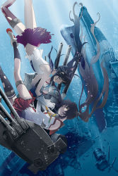 Rule 34 | 10s, 2girls, battleship, black hair, brown hair, bubble, cherry blossoms, damaged, headgear, highres, historical event, historical name connection, kantai collection, long hair, machinery, midriff, military, military vehicle, multiple girls, name connection, navel, object namesake, personification, ponytail, ship, sinking, skirt, thigh strap, thighhighs, thighs, torn clothes, torn legwear, torn skirt, turret, underwater, warship, watercraft, yahagi (kancolle), yamato, yamato (kancolle), yellow eyes, yonasawa