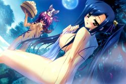 2girls blue_hair breasts game_cg kan&#039;u_(koihime_musou) koihime_musou long_hair multiple_girls nipples nude outdoors ponytail ryofu sky very_long_hair