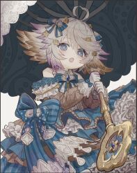 Rule 34 | 1girl, :o, ahoge, alternate costume, animal ears, blue eyes, blue gemstone, bow, commentary, commentary request, cowboy shot, dress, frilled dress, frilled gloves, frills, from below, gem, gloves, granblue fantasy, hair bow, harvin, holding, holding umbrella, lolita fashion, looking at viewer, messy hair, multicolored hair, postonthesuzuki, short hair, solo, streaked hair, symbol-shaped pupils, umbrella, wamdus (granblue fantasy), white hair