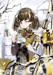 Rule 34 | 1girl, adamosina, arknights, brown hair, cup, drone, earrings, gloves, highres, jewelry, magallan (arknights), magallan (elite ii) (arknights), mug, one eye closed, ribbed sweater, single earring, single glove, smile, snow, sweater, yellow eyes