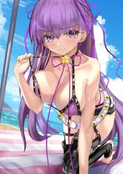 Rule 34 | 1girl, all fours, bb (fate), bb (fate/extra), bb (swimsuit mooncancer) (second ascension) (fate), beach, black thighhighs, blush, breasts, cloud, collarbone, commentary request, day, fate/grand order, fate (series), hair ribbon, kesoshirou, large breasts, long hair, looking at viewer, micro shorts, nail polish, outdoors, pink nails, purple eyes, purple hair, purple ribbon, ribbon, shorts, smile, solo, star (symbol), thighhighs, very long hair