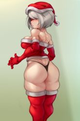 Rule 34 | 1girl, alternate costume, ass, back, bare shoulders, black panties, blindfold, breasts, christmas, covered eyes, cowboy shot, elbow gloves, from behind, gloves, gradient background, grey background, hat, highres, kelvin hiu, looking back, medium breasts, nier:automata, nier (series), no pants, panties, parted lips, red gloves, red thighhighs, santa costume, santa hat, short hair, silver hair, skindentation, solo, strapless, thighhighs, thighs, thong, tube top, underwear, 2b (nier:automata)