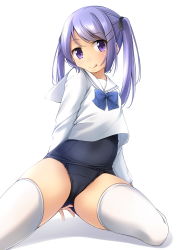 Rule 34 | 1girl, black one-piece swimsuit, crotch seam, full body, hair ornament, hairclip, highres, kneeling, looking at viewer, no pants, old school swimsuit, one-piece swimsuit, original, purple eyes, purple hair, sailor collar, school swimsuit, school uniform, serafuku, shibacha, shirt, simple background, solo, swimsuit, swimsuit under clothes, thighhighs, twintails, white background, white sailor collar, white shirt, white thighhighs
