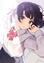 Rule 34 | 1girl, artist name, black hair, bow, bowtie, collared shirt, dress shirt, green eyes, highres, long sleeves, looking at viewer, lying, on back, original, parted lips, pleated skirt, red bow, red bowtie, shigure ui, shirt, shirt tucked in, short hair, skirt, solo, upper body, white shirt
