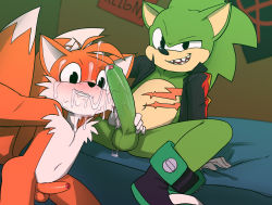 Rule 34 | 2boys, anonanim, bed, camera, cum, erection, facial, foreskin, highres, large penis, looking at viewer, male focus, multiple boys, multiple penises, naughty face, nude, penis, penis grab, scar, scourge the hedgehog, selfie, sitting, smile, sonic (series), tails (sonic), teeth, testicles, uncensored, yaoi