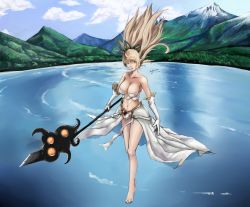 Rule 34 | 1girl, armor, bad id, bad pixiv id, bare shoulders, barefoot, bikini armor, breasts, bustier, cleavage, collarbone, darkautism, feet, gloves, highres, janna (league of legends), lake, large breasts, league of legends, mountain, nail polish, pointy ears, signature, solo, staff, tiara, toenails, white gloves