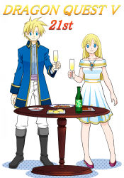 Rule 34 | 1boy, 1girl, alcohol, alternate costume, bare shoulders, bella (dq5), black footwear, blonde hair, blue coat, blue eyes, boots, champagne, champagne bottle, champagne flute, coat, collarbone, commentary request, copyright name, cup, dragon quest, dragon quest v, dress, drinking glass, food, hair between eyes, hero&#039;s daughter (dq5), hero&#039;s son (dq5), holding, holding cup, long hair, looking at viewer, off-shoulder dress, off shoulder, aged up, pants, piyori (miko0126), plate, purple footwear, short dress, simple background, smile, spiked hair, table, white background, white dress, white pants
