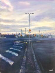 Rule 34 | blue sky, cloud, cloudy sky, highres, lamppost, latex cult, no humans, original, painting (medium), road, road sign, roundabout sign, scenery, sign, sky, street, traditional media, utility pole, watercraft