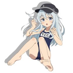 Rule 34 | 1girl, anchor symbol, bare arms, bare legs, bare shoulders, barefoot, black hat, black one-piece swimsuit, blue eyes, blush, flat cap, full body, grey hair, hair between eyes, hat, hibiki (kancolle), kantai collection, long hair, name tag, one-piece swimsuit, open mouth, school swimsuit, simple background, soles, solo, sugapi, swimsuit, toes, white background