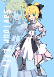 Rule 34 | 00s, 1girl, ahoge, aqua eyes, armor, armored dress, artoria pendragon (fate), bare shoulders, blonde hair, capcom, detached sleeves, dress, fate/stay night, fate/unlimited codes, fate (series), gauntlets, hair ribbon, ponytail, ribbon, saber (fate), saber lily, solo, takayonexx, zoom layer
