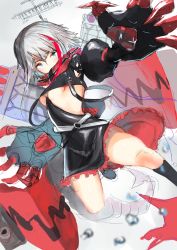 Rule 34 | 1girl, absurdres, admiral graf spee (azur lane), azur lane, black dress, black footwear, blue eyes, boots, breasts, claws, covered mouth, dress, fins, fish tail, frilled dress, frills, hair between eyes, highres, isaka wasabi, legs apart, long hair, machinery, multicolored hair, no bra, red hair, red scarf, scarf, short dress, short hair with long locks, silver hair, small breasts, solo, streaked hair, tail, torpedo, torpedo tubes, turret, two-tone hair, underboob