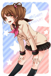 Rule 34 | 10s, 1girl, :d, argyle, argyle clothes, argyle legwear, bad id, bent over, black socks, brothers conflict, brown eyes, brown hair, cardigan, copyright name, hair ornament, hands on own knees, heart, heart hair ornament, hinata ema, kneehighs, looking at viewer, open mouth, rio (rio 01), school uniform, serafuku, side ponytail, skirt, smile, socks, solo, star (symbol)