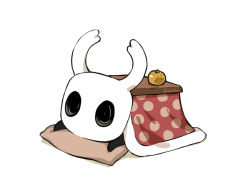 Rule 34 | 1other, arizuka (catacombe), commentary request, food, fruit, hollow eyes, hollow knight, horns, knight (hollow knight), kotatsu, lying, mandarin orange, mask, no humans, pillow, simple background, solo, table, under kotatsu, under table, white background