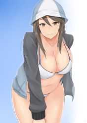 Rule 34 | 10s, 1girl, absurdres, bikini, blue background, blue headwear, breasts, brown eyes, brown hair, cleavage, collarbone, girls und panzer, gradient background, grey jacket, hand on leg, hat, highres, jacket, large breasts, leaning forward, long hair, long sleeves, looking at viewer, maruyaa (malya1006), mika (girls und panzer), navel, open clothes, open jacket, plump, side-tie bikini bottom, smile, solo, swimsuit, upper body, white bikini, white hat