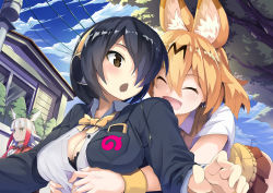Rule 34 | 10s, 3girls, absurdres, animal ears, bird wings, black bra, black hair, blazer, blonde hair, blouse, blunt bangs, blush, bra, brown eyes, brown skirt, building, cardigan, casual, closed eyes, cloud, contemporary, day, emperor penguin (kemono friends), gradient hair, hair over one eye, head wings, highres, jacket, japanese crested ibis (kemono friends), japari symbol, kemono friends, leaning forward, looking at another, looking away, miniskirt, multicolored hair, multiple girls, open mouth, outdoors, pleated skirt, red hair, serval (kemono friends), serval print, shirt, skirt, sky, smile, unbuttoned, underwear, upper body, white hair, white shirt, wings, zelitto