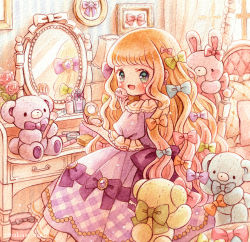 Rule 34 | 1girl, applying makeup, beads, blue bow, blue eyes, blush, bottle, bow, brown hair, checkered clothes, checkered dress, couch, curtains, day, dress, earrings, flower, flower earrings, frilled dress, frills, gem, green bow, hair bow, holding, holding brush, indoors, jewelry, lampshade, leaf, lolita fashion, long hair, looking at viewer, makeup, makeup brush, mirror, on chair, orange bow, original, painting (medium), perfume (cosmetics), perfume bottle, picture frame, pink bow, pink flower, pink rose, puffy short sleeves, puffy sleeves, purple bow, purple dress, purple gemstone, reflection, ribbon, rose, sakano machi, short sleeves, sitting, sleeve cuffs, solo, stuffed animal, stuffed rabbit, stuffed toy, sweet lolita, table, teddy bear, too many bows, traditional media, two-tone dress, vanity table, wallpaper (object), watercolor (medium), white trim, window