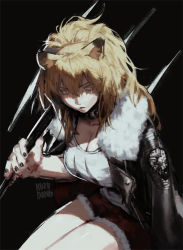 Rule 34 | 1girl, animal ears, arknights, bad id, bad twitter id, blonde hair, breasts, cleavage, collar, cutoffs, fur-trimmed jacket, fur-trimmed shorts, fur collar, fur trim, hammer, holding, holding hammer, jacket, kuzudon, large breasts, leather, leather jacket, legs together, lion ears, lion girl, nail polish, over shoulder, red shorts, shorts, siege (arknights), signature, solo, studded collar, tank top, war hammer, weapon, weapon over shoulder, white tank top