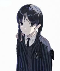 Rule 34 | 1girl, 1other, addams family, black dress, black hair, black jacket, black necktie, black skirt, black sweater vest, braid, crossed arms, dress, forest, highres, jacket, light smile, lips, long hair, long sleeves, looking at viewer, nature, necktie, rinsei, shirt, skirt, standing, sweater vest, thing (addams family), twin braids, wednesday (netflix), wednesday addams, white shirt, wide hips