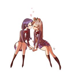 Rule 34 | 10s, 2girls, black bow, black bowtie, blazer, blue hair, blush, bow, bowtie, brown legwear, closed eyes, couple, full body, heart, holding hands, jacket, kneehighs, long hair, long sleeves, looking at another, love live!, love live! school idol project, minami kotori, multiple girls, one side up, red bow, red bowtie, school uniform, shirt, side ponytail, simple background, smile, socks, sonoda umi, white background, white shirt, yuri