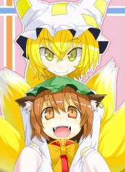 Rule 34 | 2girls, animal ears, blonde hair, brown eyes, brown hair, cat ears, cat girl, cat tail, chen, fang, female focus, fox ears, fox tail, hat, hecchi (blanch), hug, hug from behind, multiple girls, multiple tails, open mouth, short hair, smile, tail, touhou, yakumo ran, yellow eyes