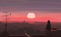 Rule 34 | 1girl, absurdres, bird, building, cat, chinese commentary, city, cloud, commentary request, evening, from behind, graffiti, highres, original, outdoors, radio antenna, scenery, short hair, sitting, sky, skyscraper, solo, sunset, wide shot, yu jing