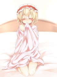 Rule 34 | 1girl, aftersex, alice margatroid, bad id, bad pixiv id, bed, bed sheet, blonde hair, blush, emia, emia (castilla), female focus, hairband, naked sheet, short hair, sitting, smile, solo, touhou