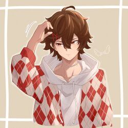 Rule 34 | 1boy, adjusting hair, ahoge, bishounen, brown hair, choker, cowboy shot, doodle inset, drawstring, expressionless, granblue fantasy, hair between eyes, hair ornament, hairclip, highres, hood, hood down, jacket, light blush, light frown, looking to the side, male focus, messy hair, official art, plaid, plaid jacket, pochi-a, red eyes, sandalphon (granblue fantasy), short hair, simple background, solo focus, sweatdrop, upper body, wings