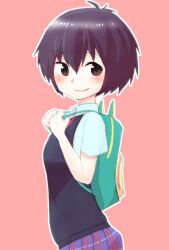 Rule 34 | 1girl, antenna hair, backpack, bag, black hair, black sweater vest, blue skirt, blush, bouhuman, breasts, brown eyes, closed mouth, colored skin, commentary, dress shirt, from side, green bag, holding strap, looking at viewer, looking to the side, marvel, multicolored skin, outline, peni parker, pink background, plaid, plaid skirt, red skirt, school uniform, shirt, short hair, short sleeves, simple background, skirt, small breasts, smile, solo, spider-man: into the spider-verse, spider-man (series), spider-verse, standing, sweater vest, upper body, very short hair, white outline, white shirt, white skirt